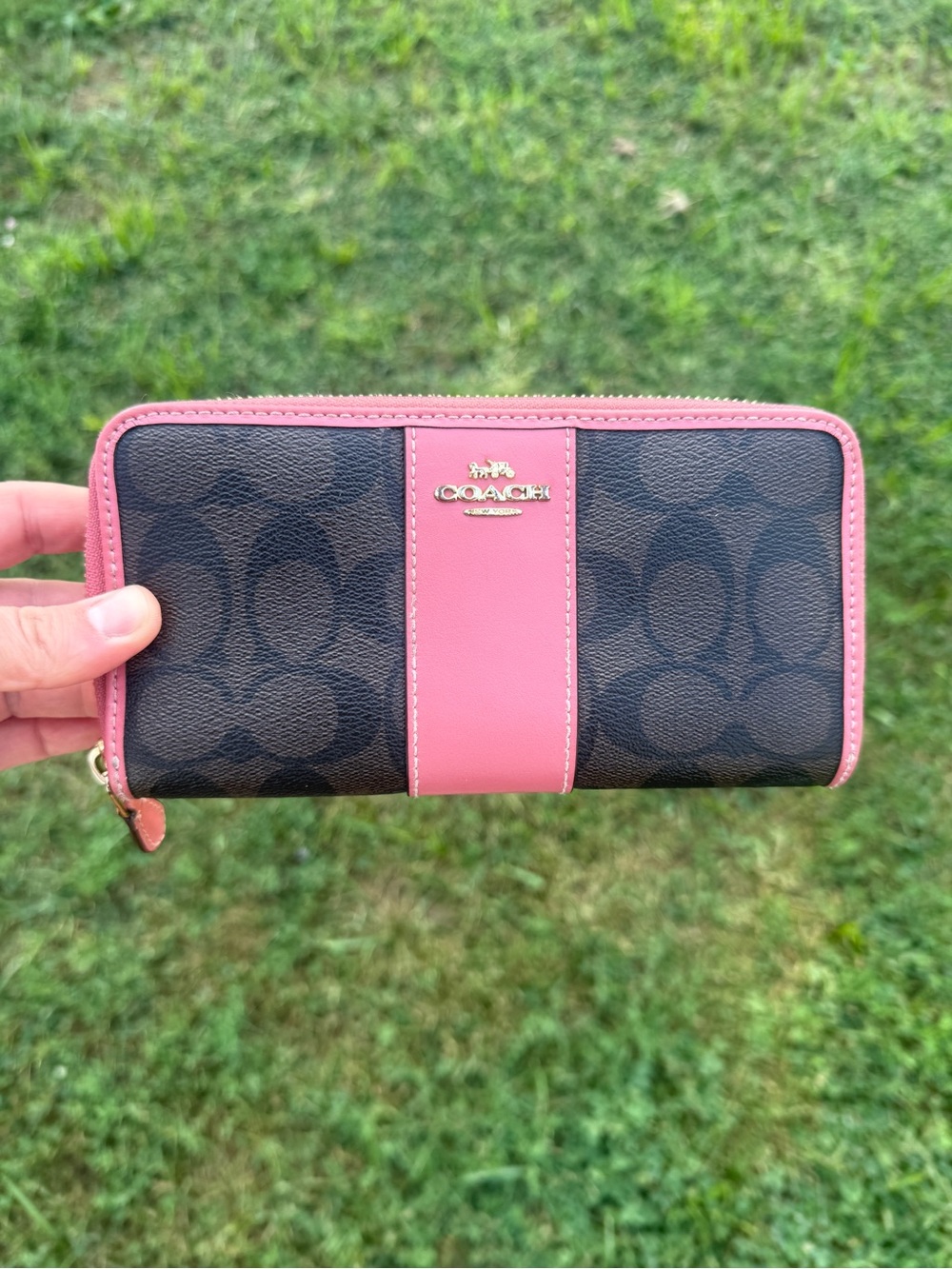 Coach Brown Signature Wallet with Pink Trim